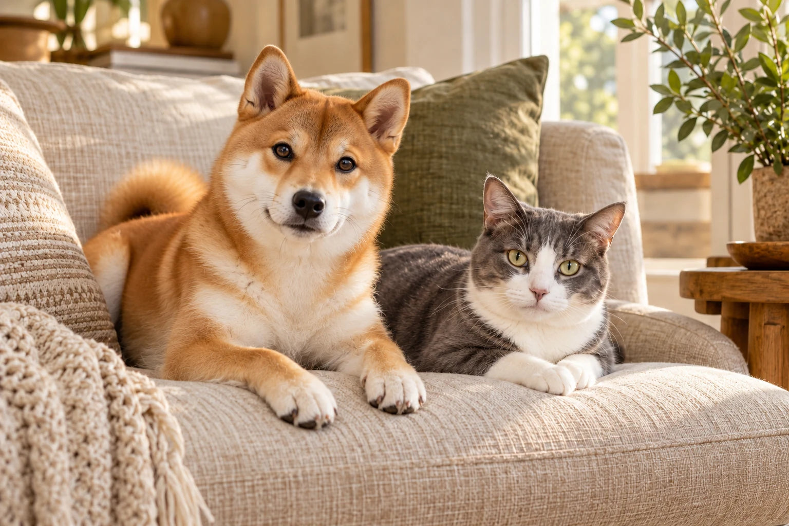 Lifestyle illustration of a dog and cat relaxing on a linen sofa